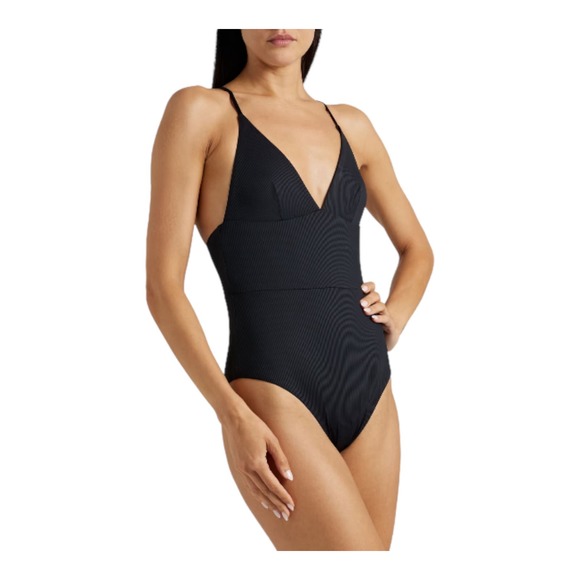ONIA VALENTINA Black Solid Rib Swimsuit One Piece V-Neck Strappy Small NWT - Picture 11 of 11